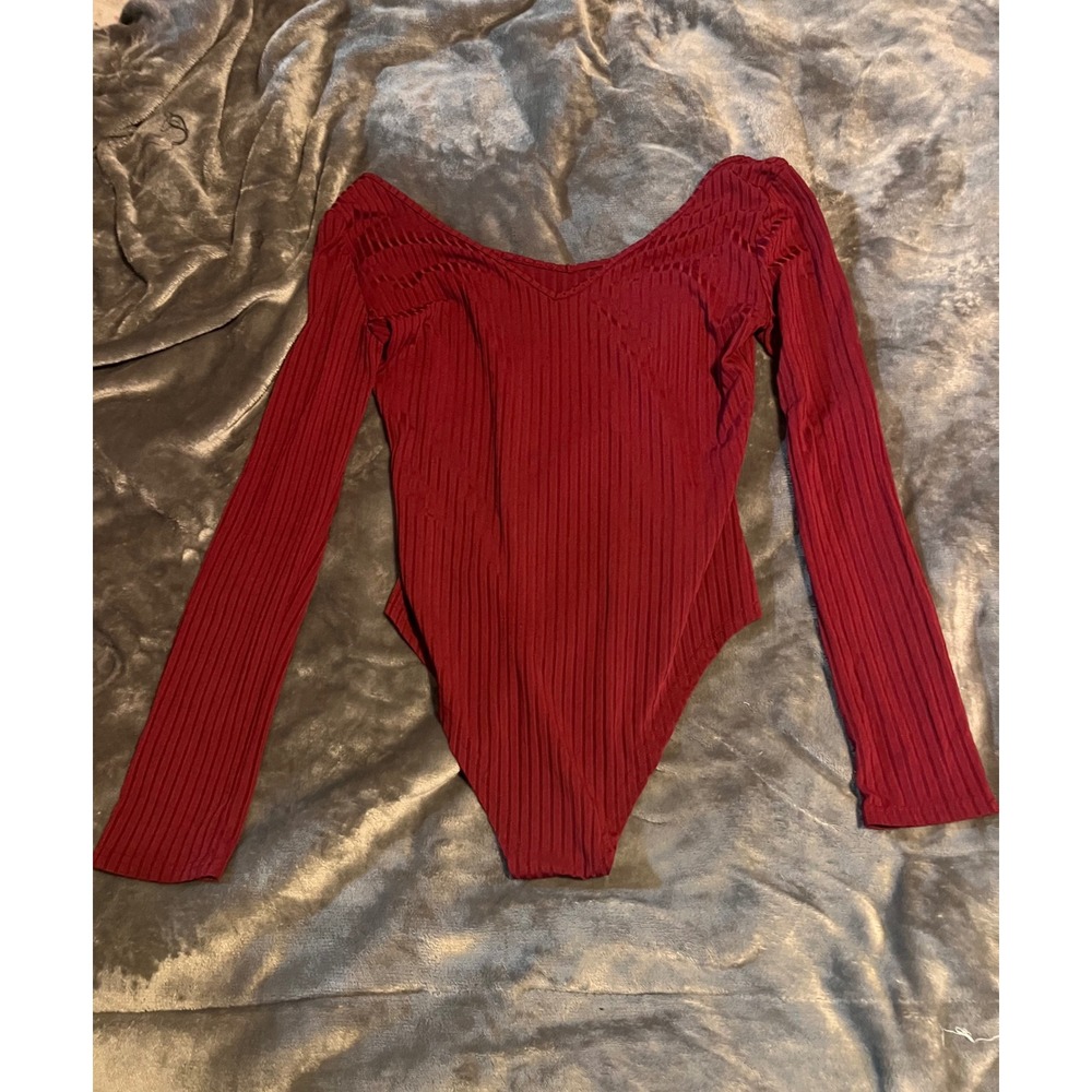 Burgundy Ribbed Long Sleeve V-Neck Bodysuit Red Knit Top